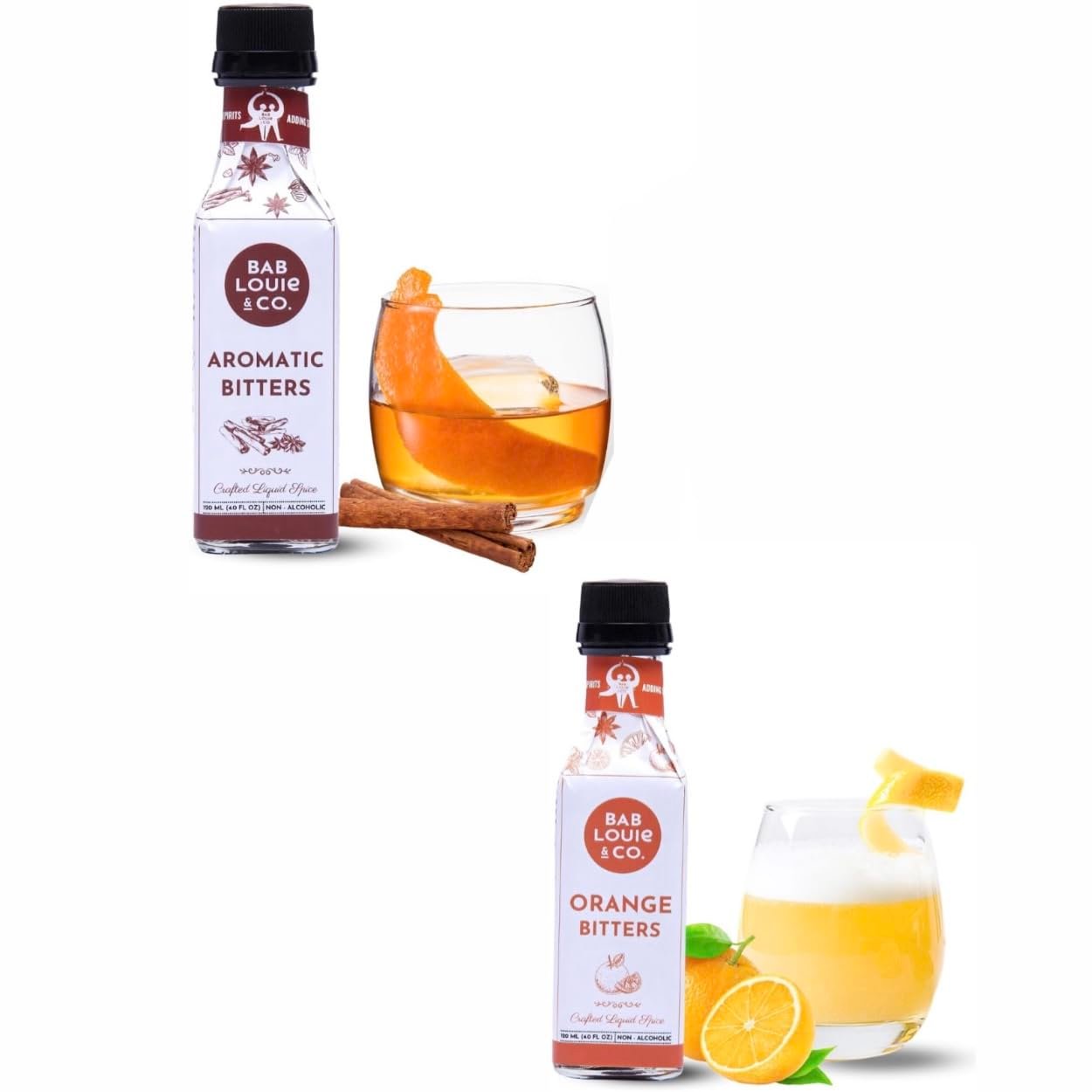 Bab Louie & Co. Combo Aromatic Spiced & Orange Bitters | Non-Alcoholic Craft Bitters (120ml Each) | Distinct Aromatic Notes | Old Fashioned, Dutchess, Gin and Tonic based Cocktails