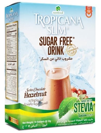 Tropicanas Slim Sugar Free Chocolate Drink Mix with Stevia, Hazelnut Flavor, Diet Friendly Hot Beverage Powder, 10 Sachets 12g Each (From Indonasia)