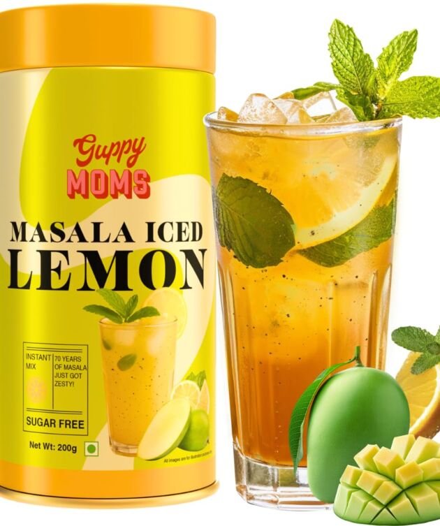 Guppy Moms Masala Iced Lemonade Premix | Sugar-Free Refreshing Drink Mix | Tangy Lemon with Indian Spices | Instant Energy & Hydration Iced tea | 200g Pack (Up to 20 Servings)