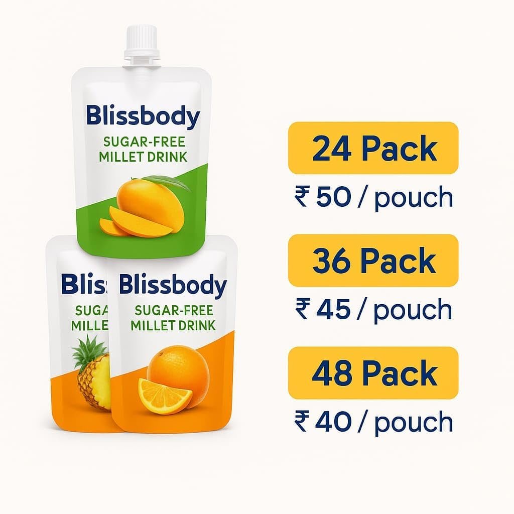 Blissbody – India’s First Sugar-Free Millet Drink | Gut-Friendly & Diabetic Safe | Pineapple, Mango, Orange | 200ml x 24 Pack - Image 4