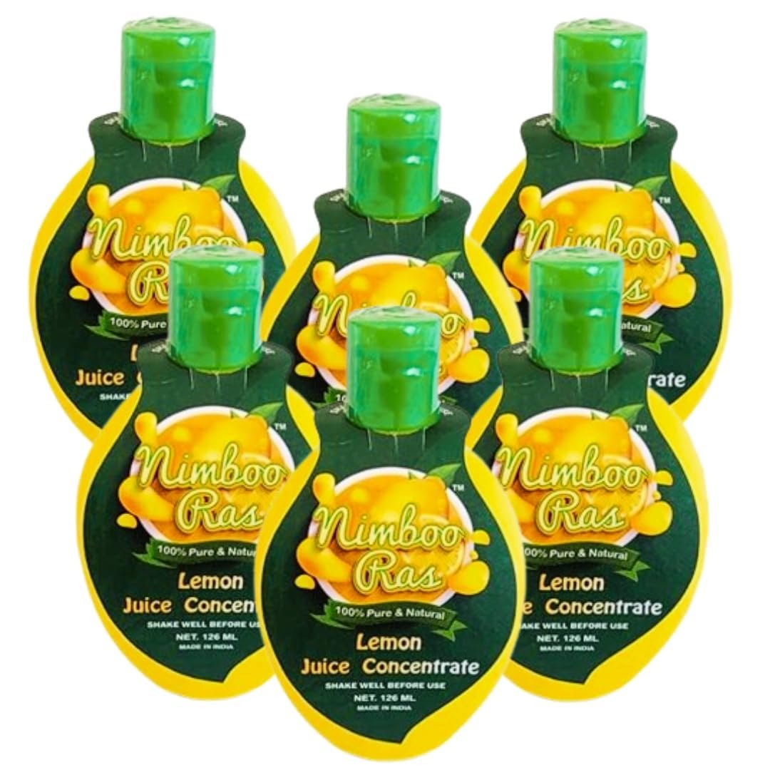 Nimboo Ras Yellow Lemon Juice Concentrate-Experience Asli Lemon Juice for Drinks,Cooking,Salad and Weight Loss - 100% Pure Natural Goodness - 126ml (Pack of 6)