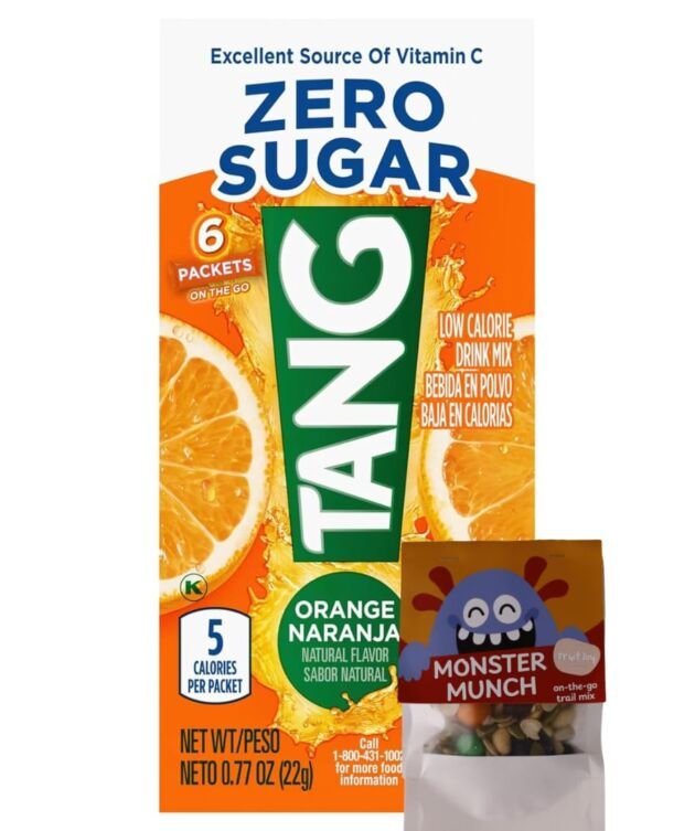 T.ang Sugar-Free Drink Mix Travel-Friendly Pack - 6 Sachets Inside - Orange Flavor - With FREE FruitJoy Monster Trail Mix 30g