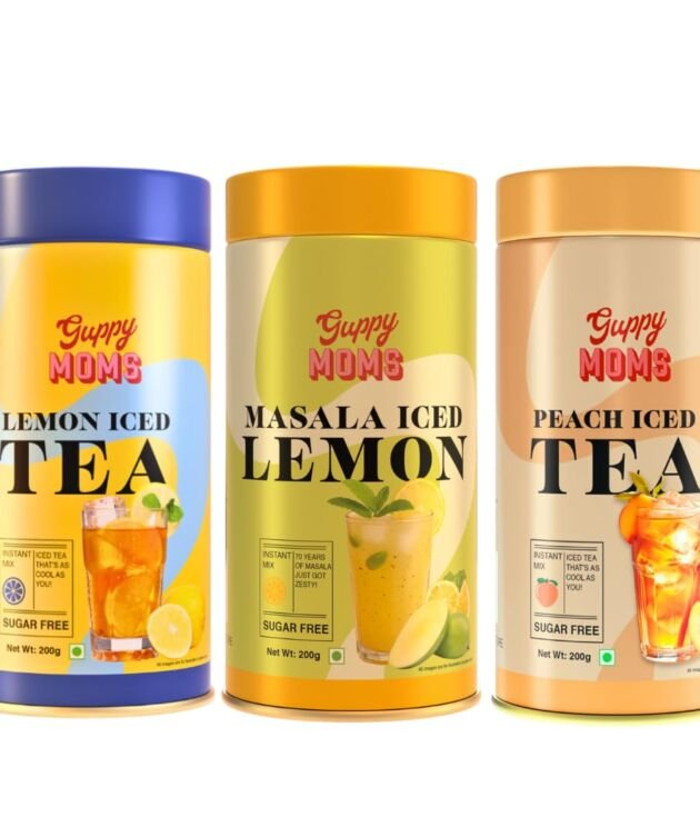 Guppy Moms Sugar-Free Iced Tea & Lemonade Combo | Peach & Lemon Iced Tea + Masala Iced Lemonade | Low-Calorie Natural Drink & Premium Cocktail Mixer | Instant Refreshing Beverage | 200g x 3 (600g Total)