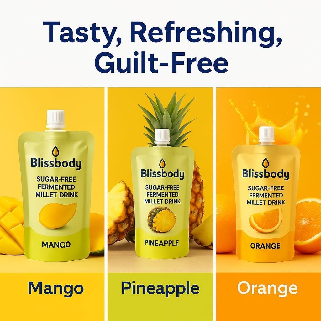 Blissbody – India’s First Sugar-Free Millet Drink | Gut-Friendly & Diabetic Safe | Pineapple, Mango, Orange | 200ml x 24 Pack - Image 6