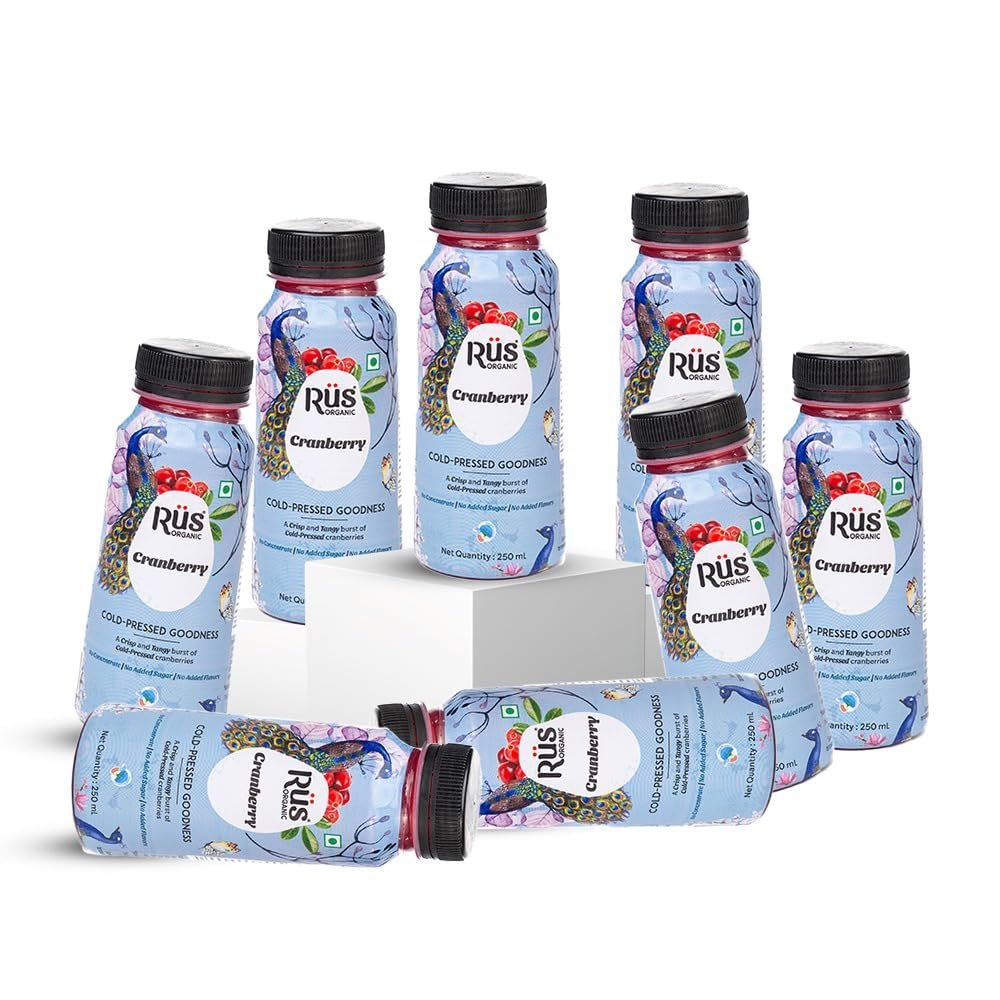 Rus Organic Cranberry Juice | Cold-Pressed & 100% Natural | No Added Sugar or Preservatives | Immunity Booster | Rich in Antioxidants | Refreshing Summer Drink | Pack of 8 (250ml Each) | Travel Juice | Real Cranberries