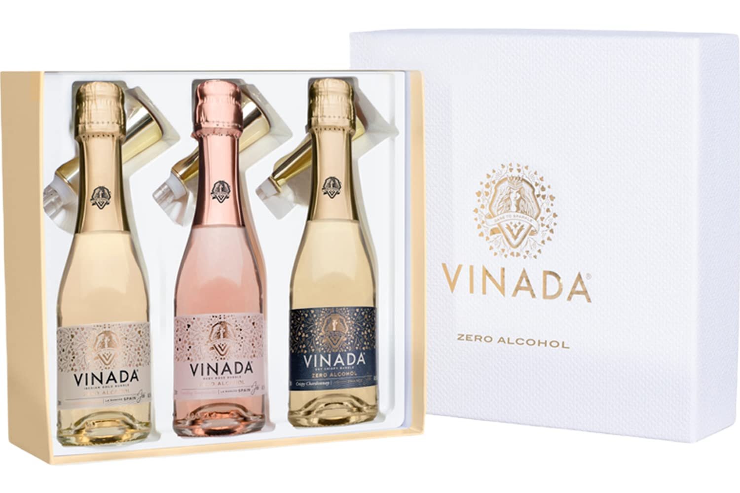 Vinada - Non Alcoholic Wine - Chardonnay, Sparkling Gold, & Sparkling Rosé Gift Pack - 200 ml (3 Glass Bottles) - FULL EXPERIENCE GIFTBOX
