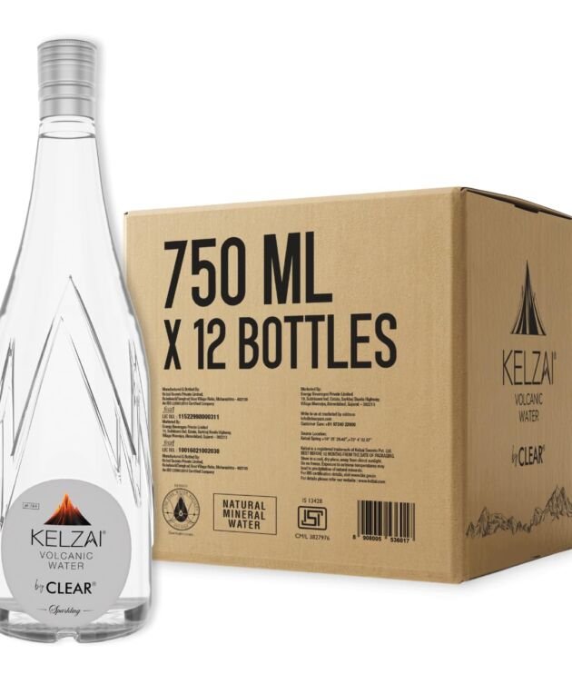 Kelzai Natural Volcanic Mineral Rich Sparkling Water 750ml - Pack of 12 | Perfect for Party Essentials, Office Use, and Everyday Hydration (Glass Bottle)