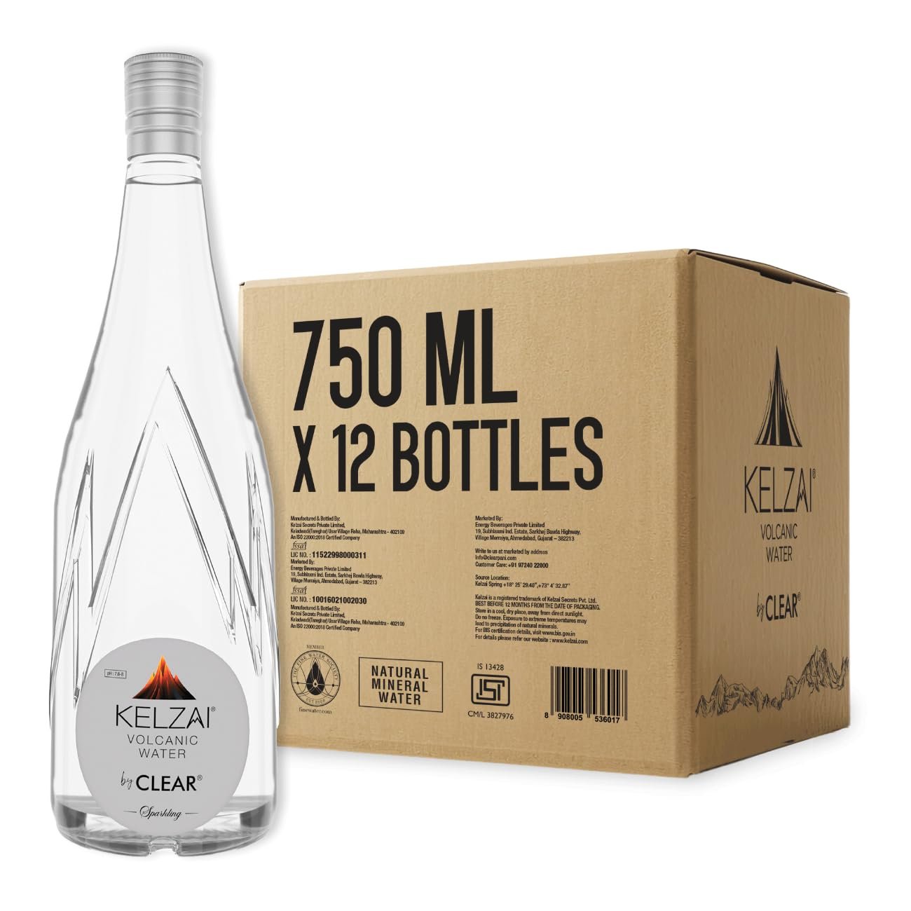 Kelzai Natural Volcanic Mineral Rich Sparkling Water 750ml - Pack of 12 | Perfect for Party Essentials, Office Use, and Everyday Hydration (Glass Bottle)