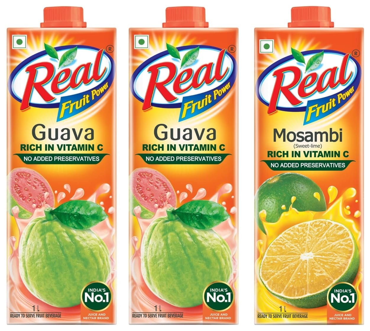 Real Fruit Juice, Guava, 1L (Pack of 2) & Real Fruit Power Mosambi Juice -1L