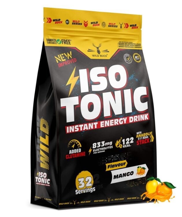 WILD BUCK Isotonic Instant Energy Drink Formula, Workout Electrolyte Energy Drink With Anabolic Stack 2:1:1 Bcaa, Dextrose Monohydrate And L-Glutamine | 833Mg Electrolytes [32 Servings, Mango]