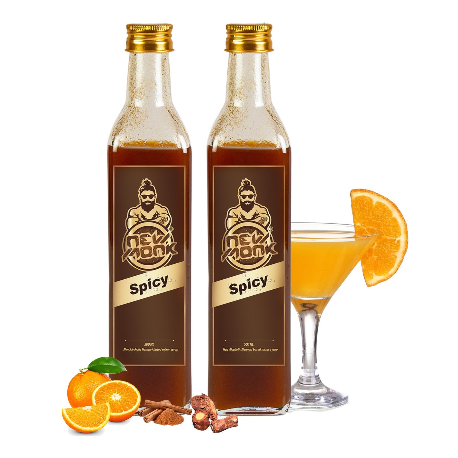 New Monk Nannari Syrup for Cocktails & Mocktails( Pack of 2x500 ml)| Natural Non- Alcoholic Sarsaparilla Root based Mixer for Instant Party Drinks, Iced Teas, Slushies, Squash | No Added Artificial Colors or Sweeteners (Spicy Spicy)
