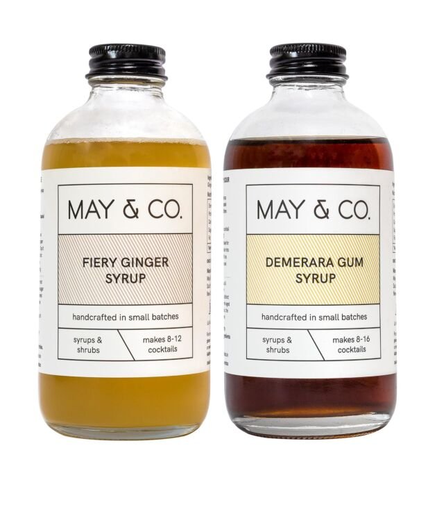 MAY & CO. Whiskey Pack of 2-240 ml - Fiery Ginger & Demerara Gum - Cocktail mixers perfect for Penicillin, Old Fashioned & Whiskey Sour.