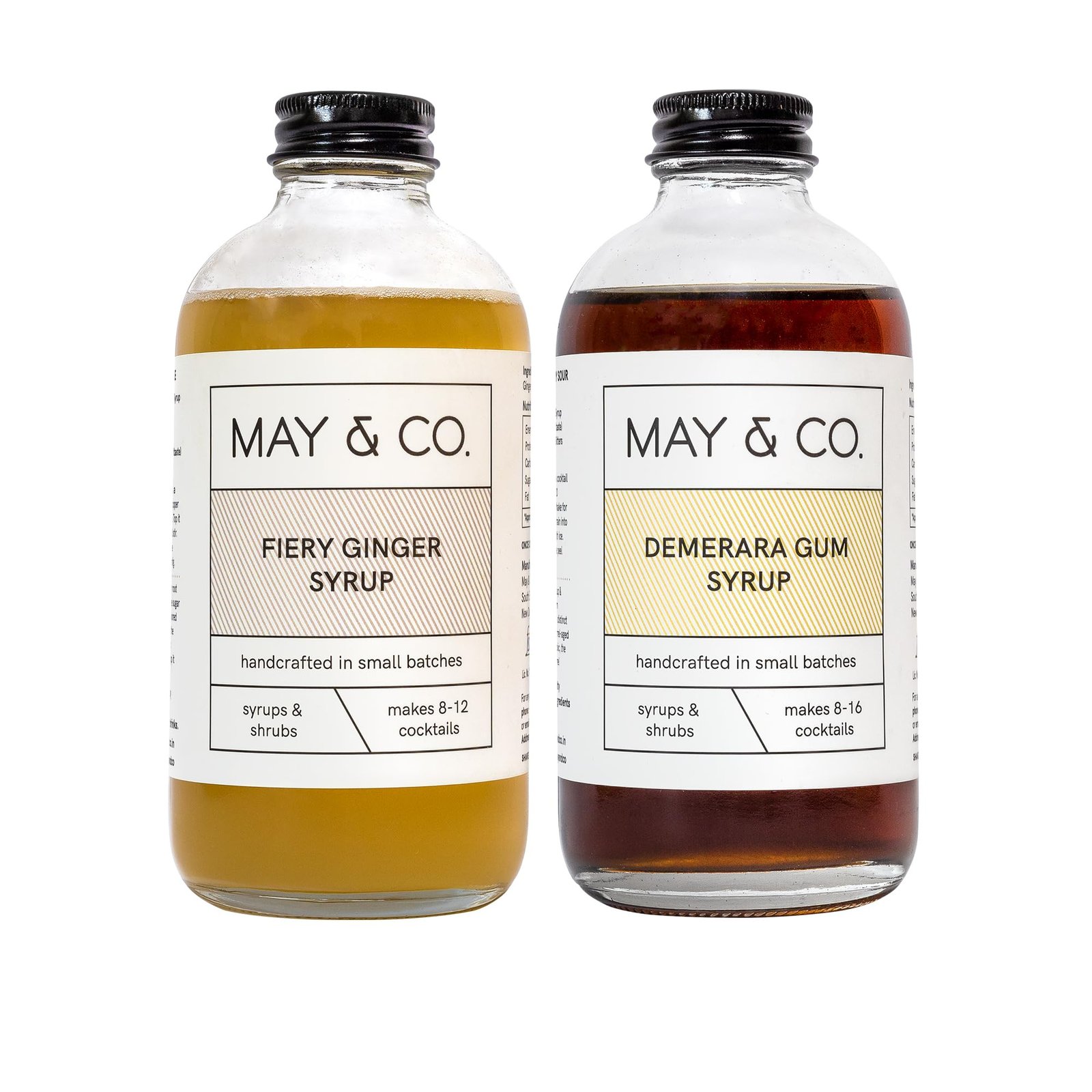 MAY & CO. Whiskey Pack of 2-240 ml - Fiery Ginger & Demerara Gum - Cocktail mixers perfect for Penicillin, Old Fashioned & Whiskey Sour.