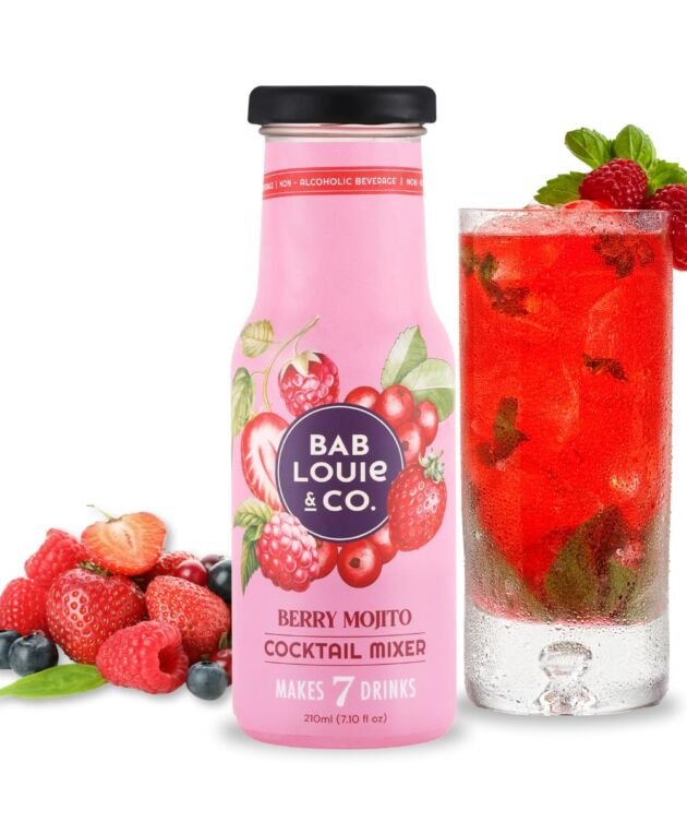 Bab Louie & Co. Berry Mojito Mixer | Makes 7 Cocktails & Mocktails | Non-Alcoholic & 100% Natural | Syrup for Vodka, Gin, Champagne | Zero Preservatives - 210ml