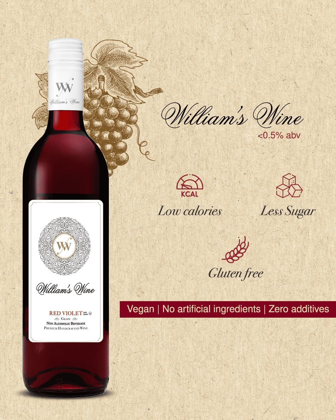 William’s Wine Red Violet Less Sugar (Grape) Non Alcoholic 750 ml - Image 4