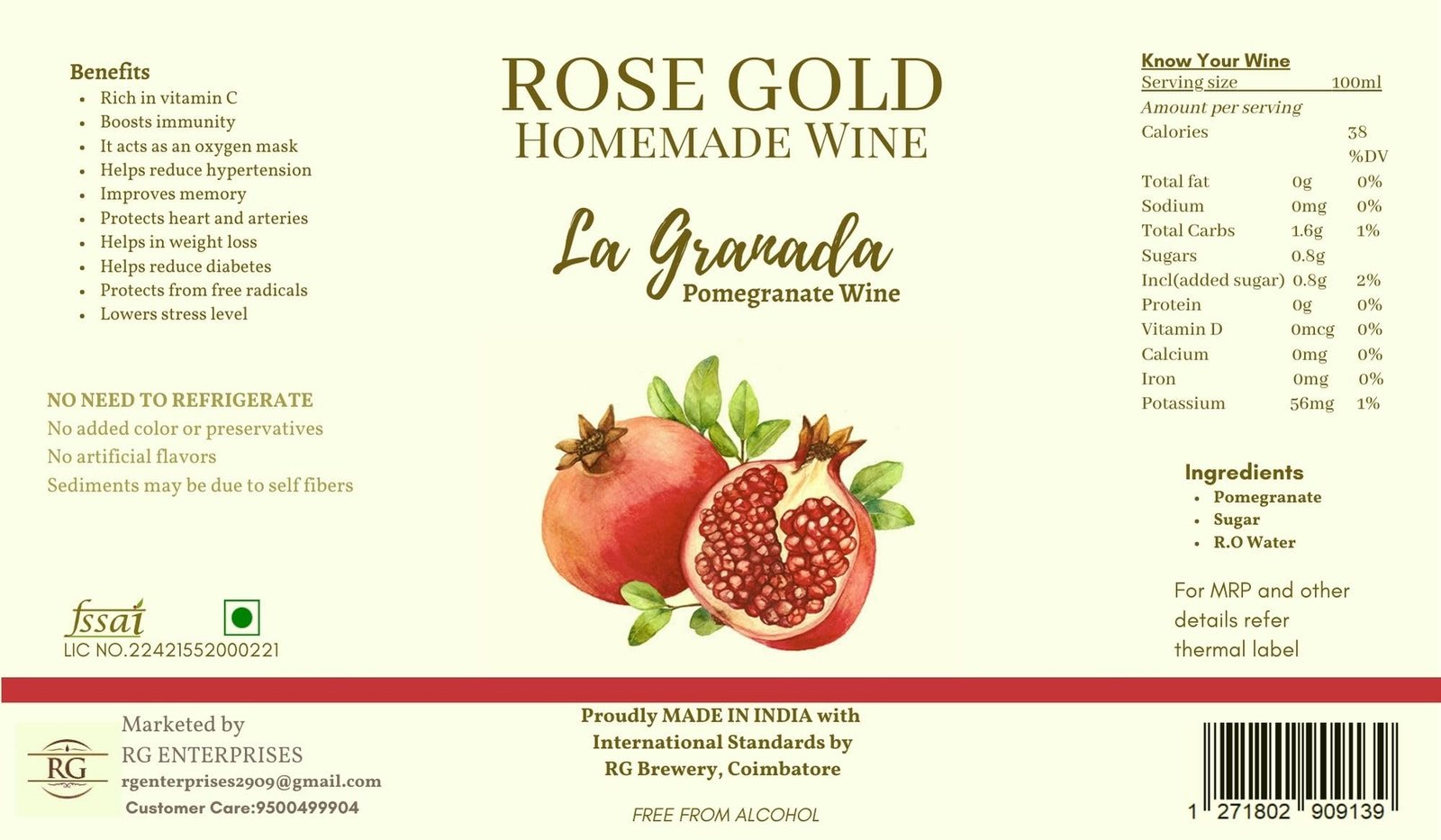 Rose Gold-La Granada -Non Alcoholic - Pomegranate wine, 750 ml - Image 8
