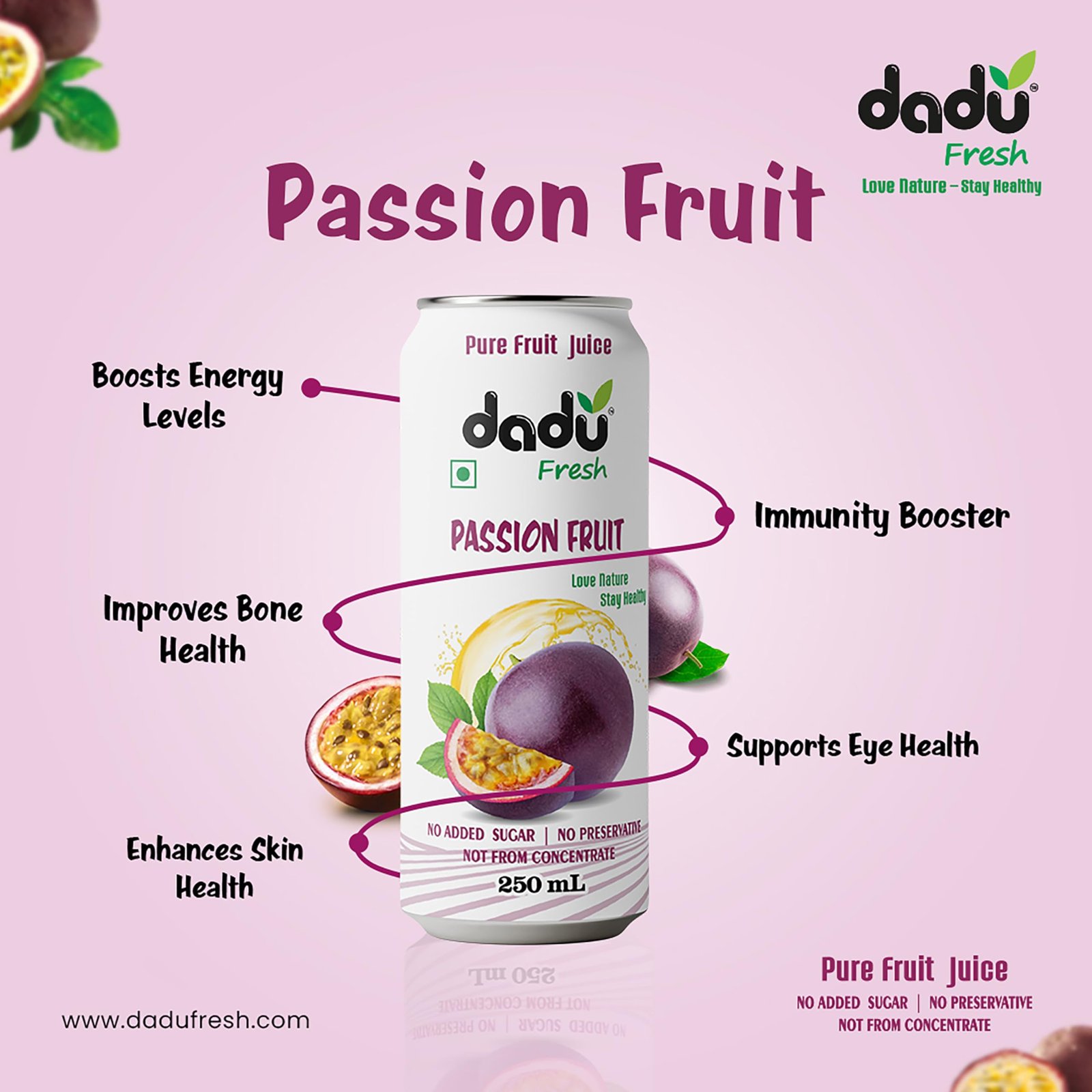 Dadu Juice Combo Pack | Pure Natural, Not from Concentrate, No Added Sugar, No Artificial Flavors or Preservatives | Passion Fruit, Mixed Berries, Mangosteen, Soursop | 4 Cans x 250ml - Image 4