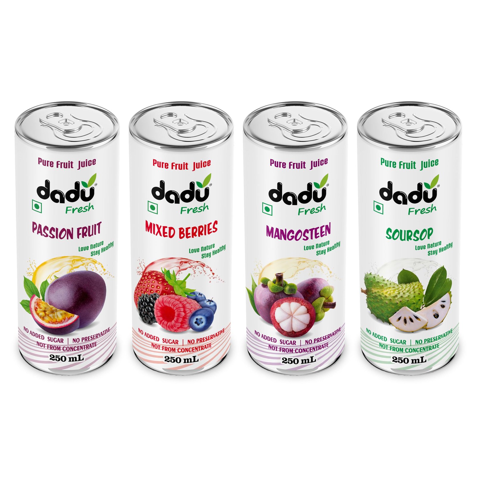 Dadu Juice Combo Pack | Pure Natural, Not from Concentrate, No Added Sugar, No Artificial Flavors or Preservatives | Passion Fruit, Mixed Berries, Mangosteen, Soursop | 4 Cans x 250ml