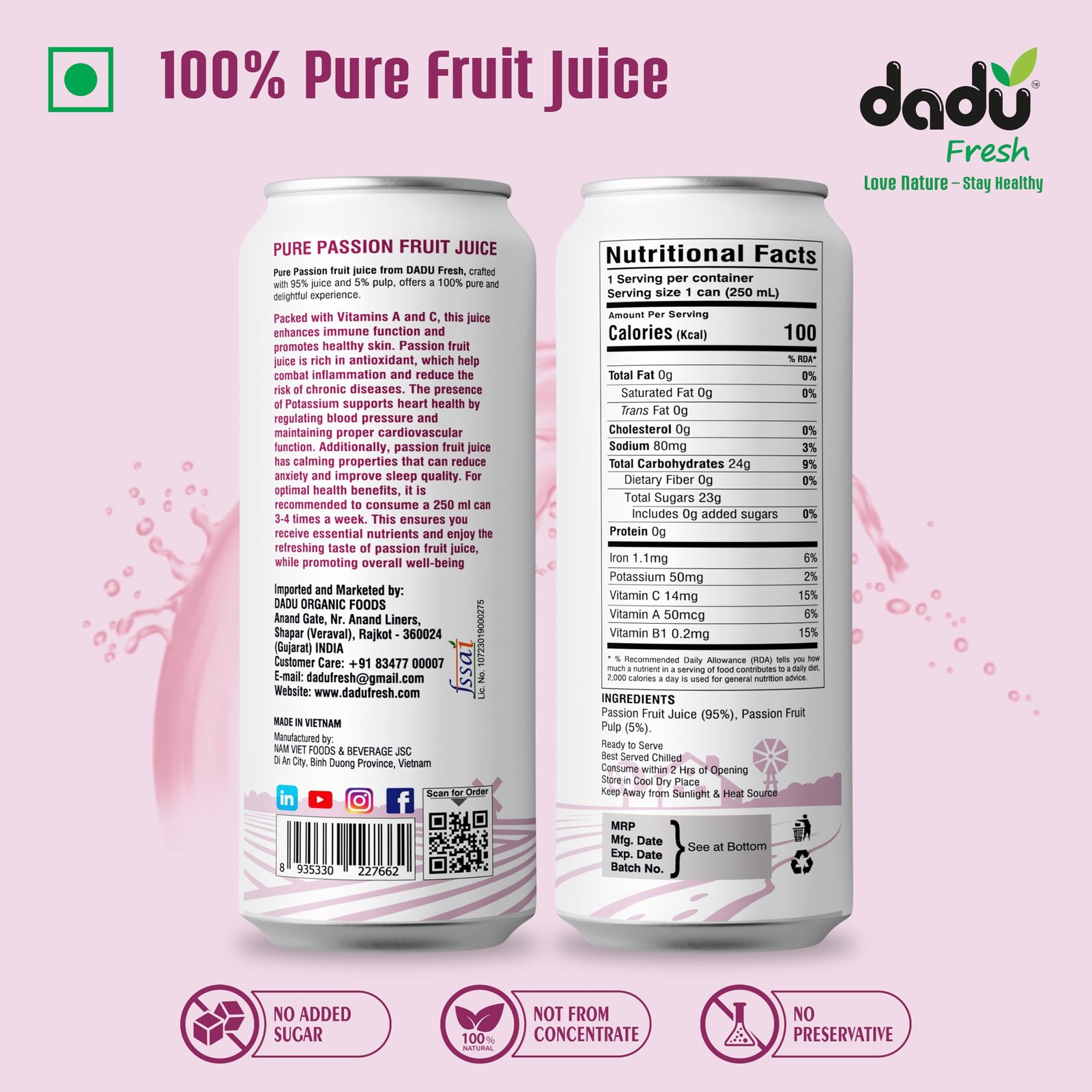Dadu Juice Combo Pack | Pure Natural, Not from Concentrate, No Added Sugar, No Artificial Flavors or Preservatives | Passion Fruit, Mixed Berries, Mangosteen, Soursop | 4 Cans x 250ml - Image 5