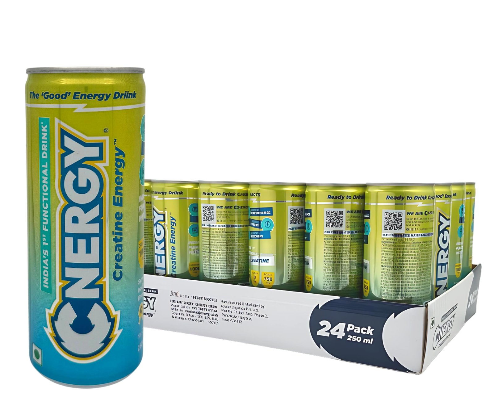 CNERGY | India's 1st Functional Drink | Provides 1000mg Creatine and 750mg BCAAs | 0 Sugar | Pack of 24 x 250ml
