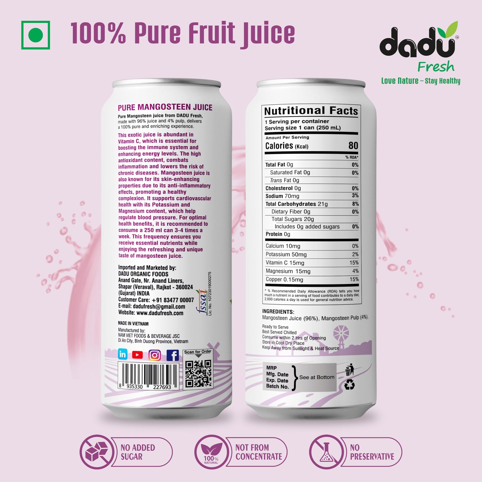 Dadu Juice Combo Pack | Pure Natural, Not from Concentrate, No Added Sugar, No Artificial Flavors or Preservatives | Passion Fruit, Mixed Berries, Mangosteen, Soursop | 4 Cans x 250ml - Image 8