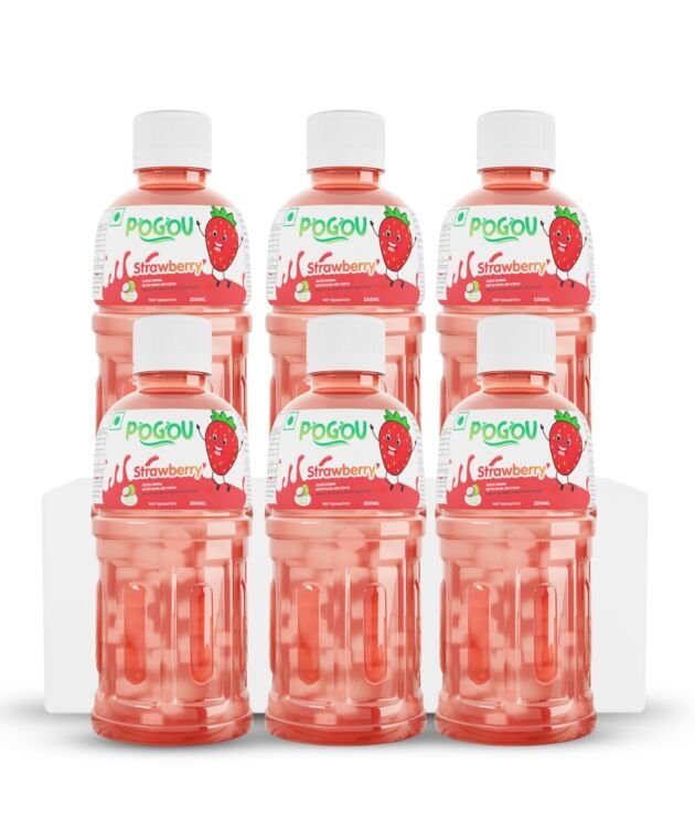 POGOU Strawberry Fruit Juice with 25% Nata De Coco | Real Thai Tropical Drink with Coconut Jelly | Healthy Fruit Juice for Kids & Adults | Natural Flavored Refreshing Beverage | Imported from Thailand | Pack of 6, 330ml Each
