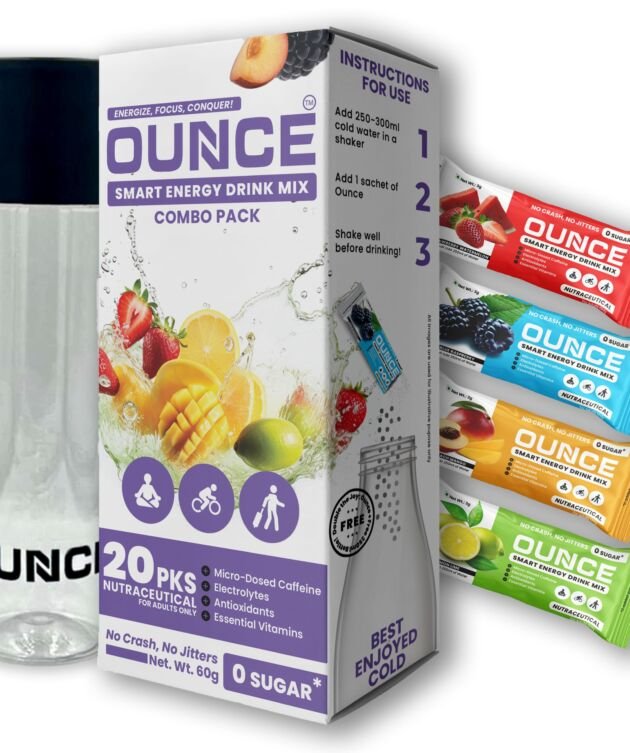 Ounce Strawberry, Instant Energy Drink Powder + Electrolyte Powder - 20 On-The-Go Caffeine + Drink Mix Sachet Boosted With Vitamin B12, Biotin For Hair, Antioxidants & Multivitamins