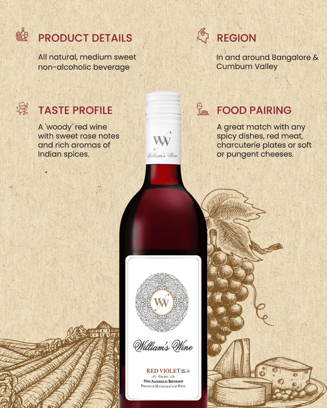 William’s Wine Red Violet Less Sugar (Grape) Non Alcoholic 750 ml - Image 2