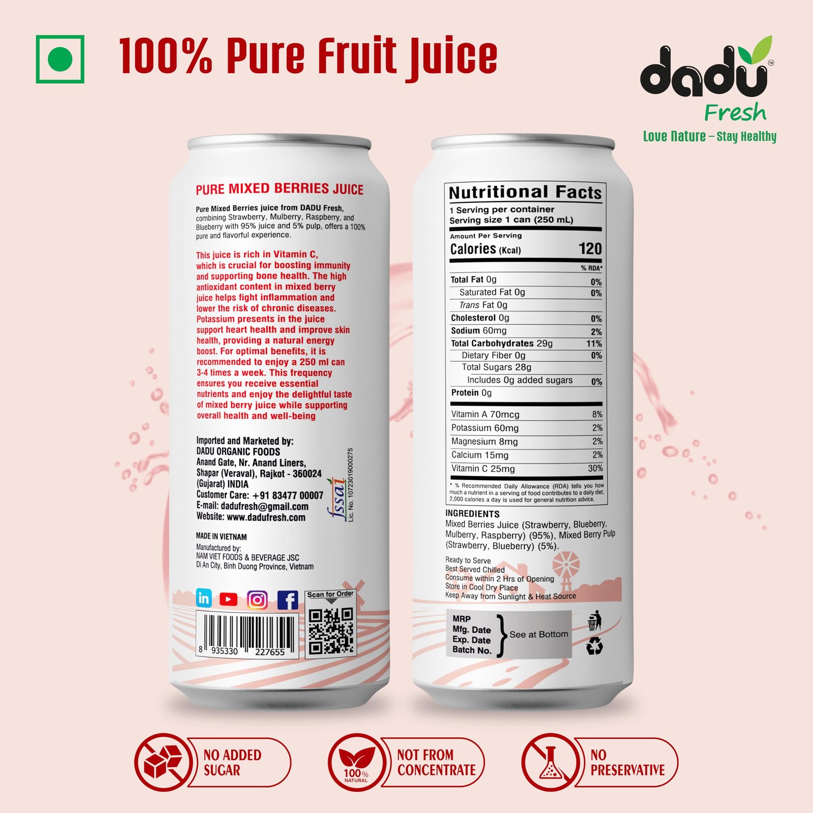 Dadu Juice Combo Pack | Pure Natural, Not from Concentrate, No Added Sugar, No Artificial Flavors or Preservatives | Passion Fruit, Mixed Berries, Mangosteen, Soursop | 4 Cans x 250ml - Image 9
