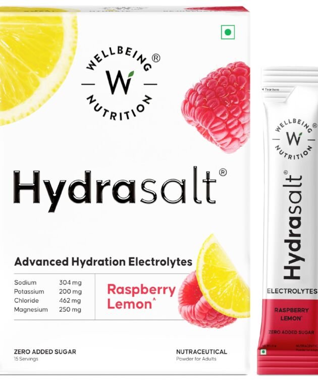 Wellbeing Nutrition HydraSalt Electrolyte Drink with Zero Added Sugar | 5 Electrolytes & 3 Vitamins for Instant Hydration, Energy, Performance & Recovery, Raspberry Lemon Flavor 90g, Pack of 15