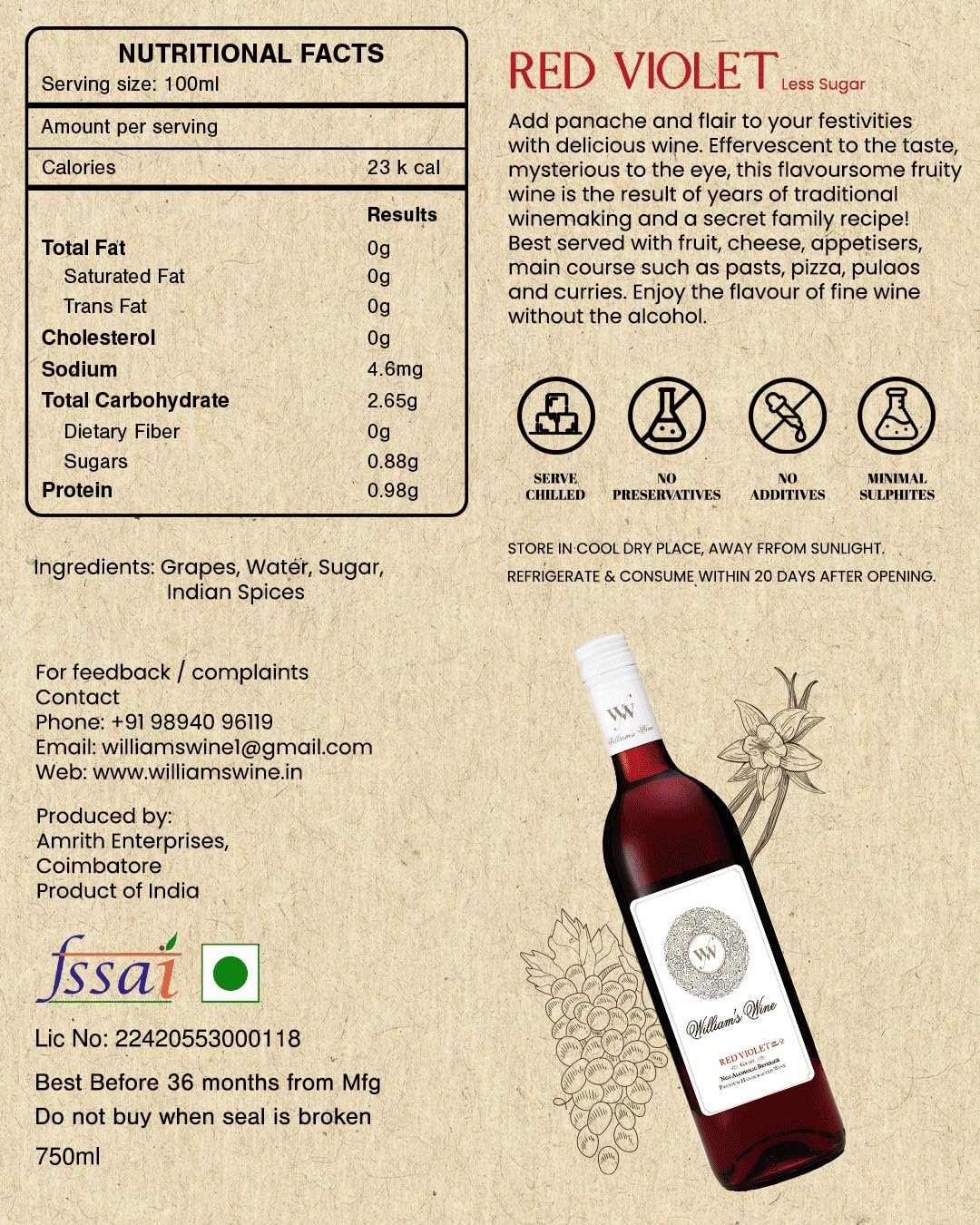 William’s Wine Red Violet Less Sugar (Grape) Non Alcoholic 750 ml - Image 7