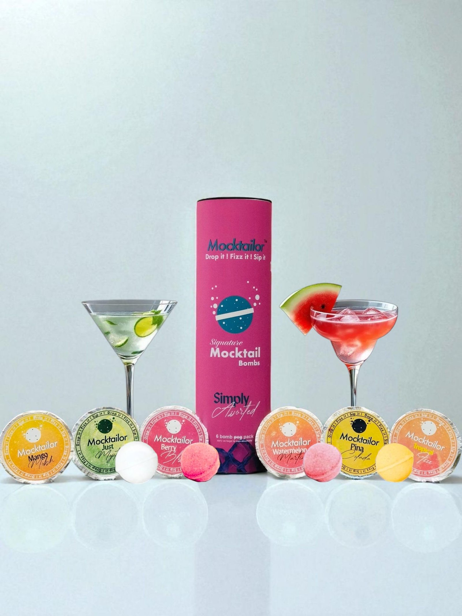Mocktailor Signature Mocktail Bombs | Drop It, Fizz It, Sip It | Non-Alcoholic Drink Mix Pack (6 Bombs) (Pack of 6, Simply Assorted)