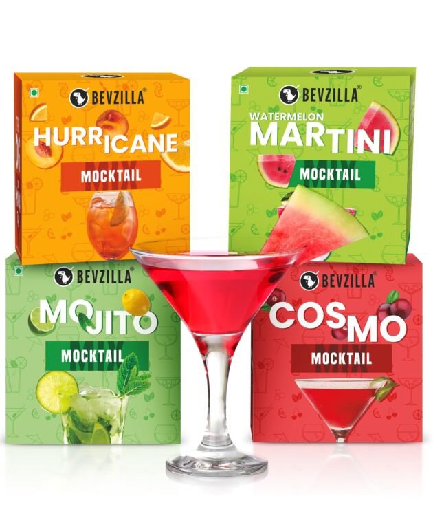 Bevzilla Mocktail Mixer Powder Combo Pack - Hurricane, Martini, Mojito & Cosmo (20 Servings) | Non-Alcoholic, Low-Calorie, Instant & Refreshing | Perfect for Guilt-Free Party Mocktails