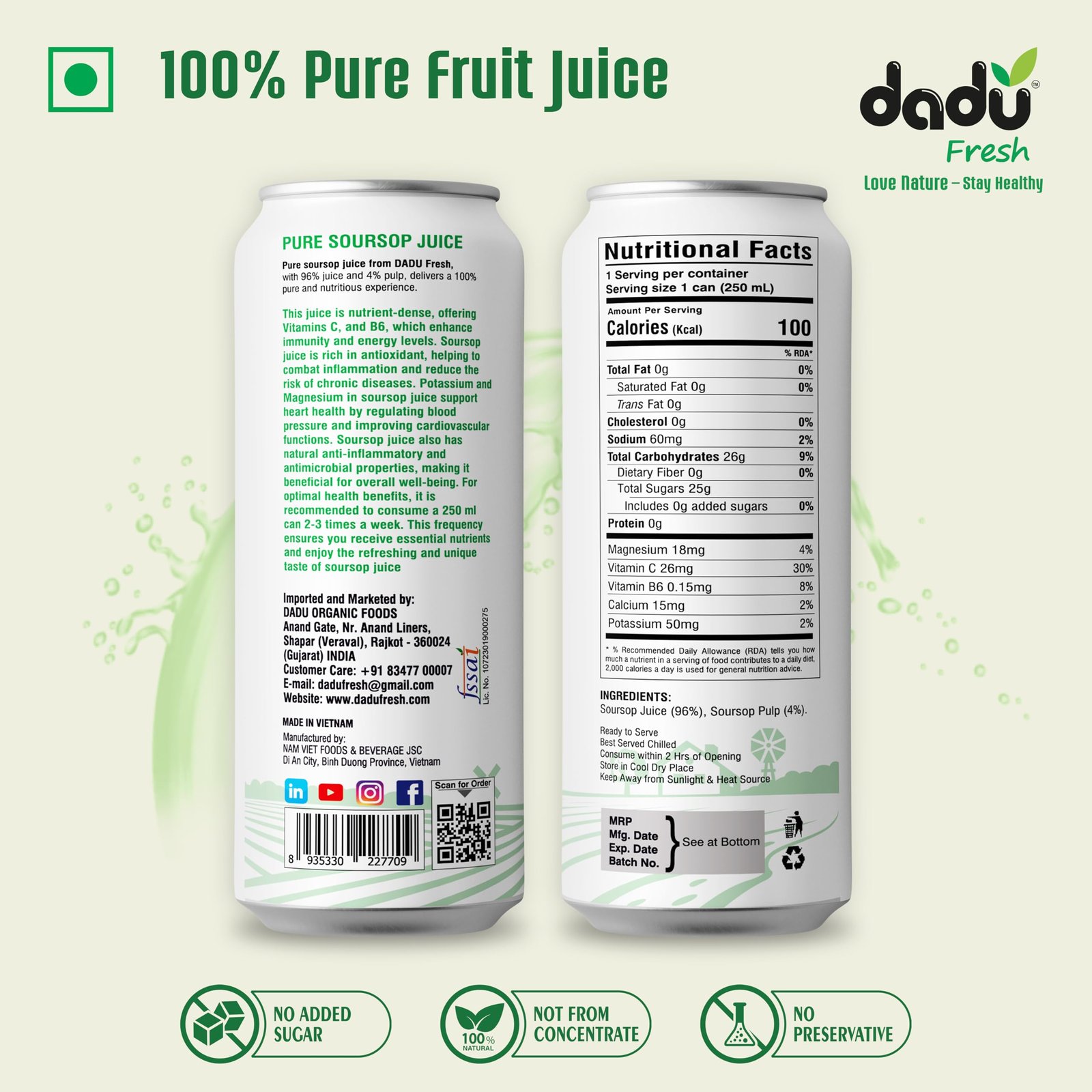 Dadu Juice Combo Pack | Pure Natural, Not from Concentrate, No Added Sugar, No Artificial Flavors or Preservatives | Passion Fruit, Mixed Berries, Mangosteen, Soursop | 4 Cans x 250ml - Image 3